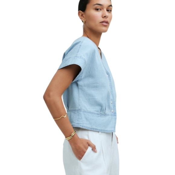 Madewell Blue Denim Pleated Short-Sleeve Top Size Small NWT - Picture 5 of 14